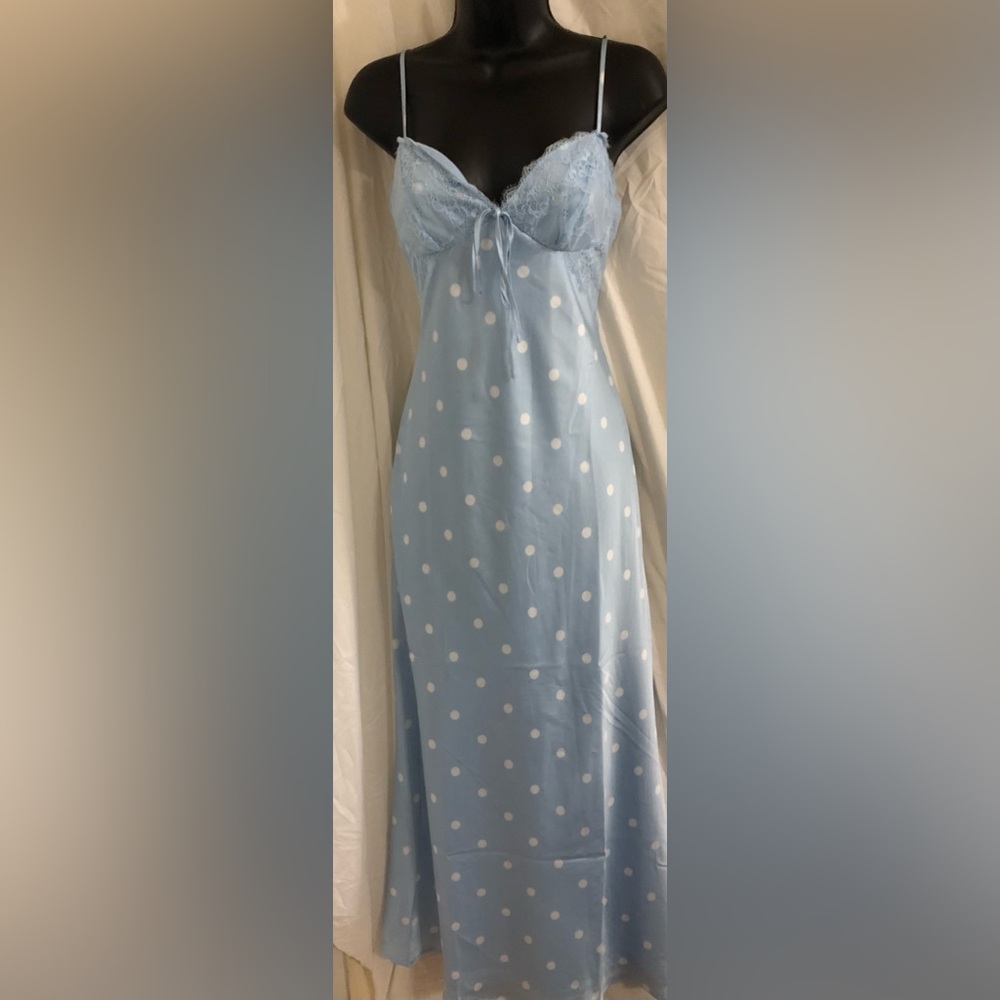 Jessica Simpson blue white polka dot lace cups satin effect maxi dress size M - Picture 15 of 17